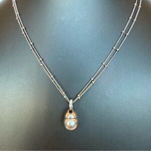 Double Ball Bead Silver Tone Chain With Gray Tahitian Pearl Pendant Necklace 15”